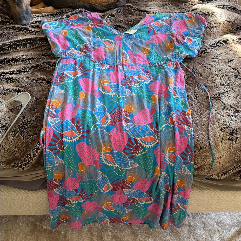 Anthropologie FARM Rio Tropical Print Blouse in Blue, Green & Pink